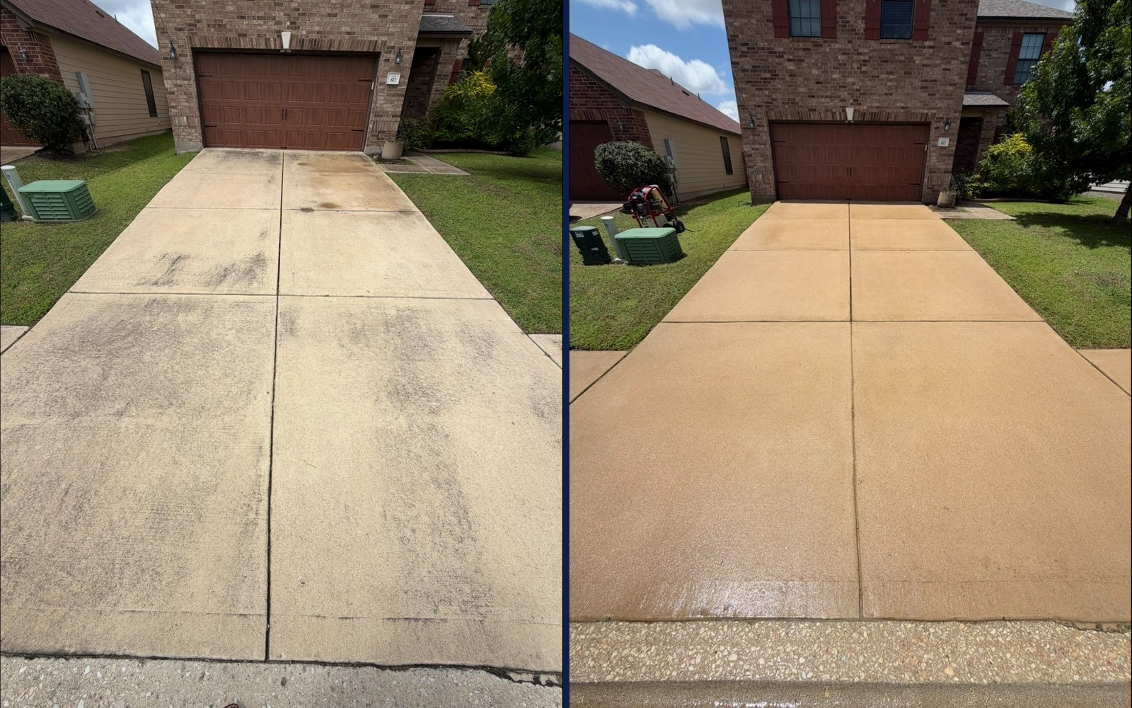 Dirty concrete driveway in Austin TX stained with algae and oil before pressure washing and Same Austin TX concrete driveway after professional pressure washing, clean and stripe-free
