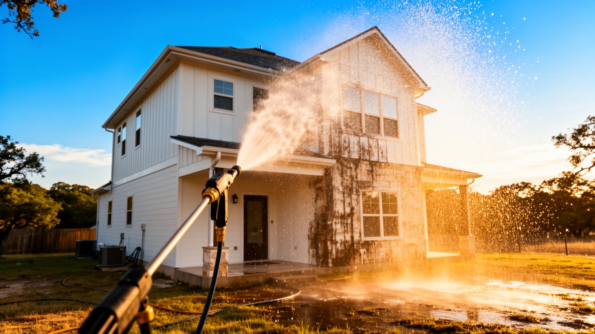 Pressure washing a clean modern home exterior in the Austin Texas hill country